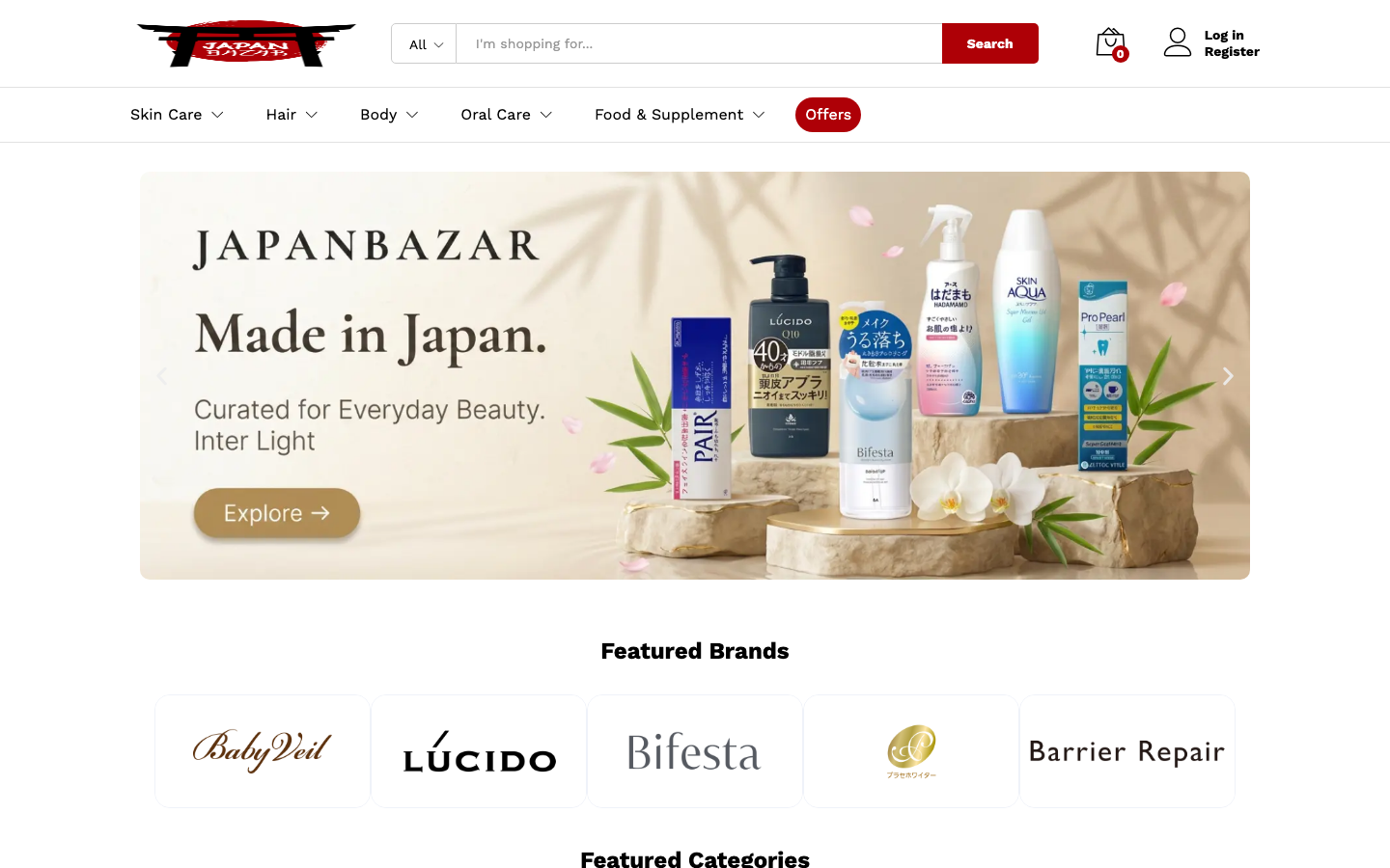 The JapanBazar storefront, showing the Made in Japan campaign banner and a row of featured Japanese beauty brands.